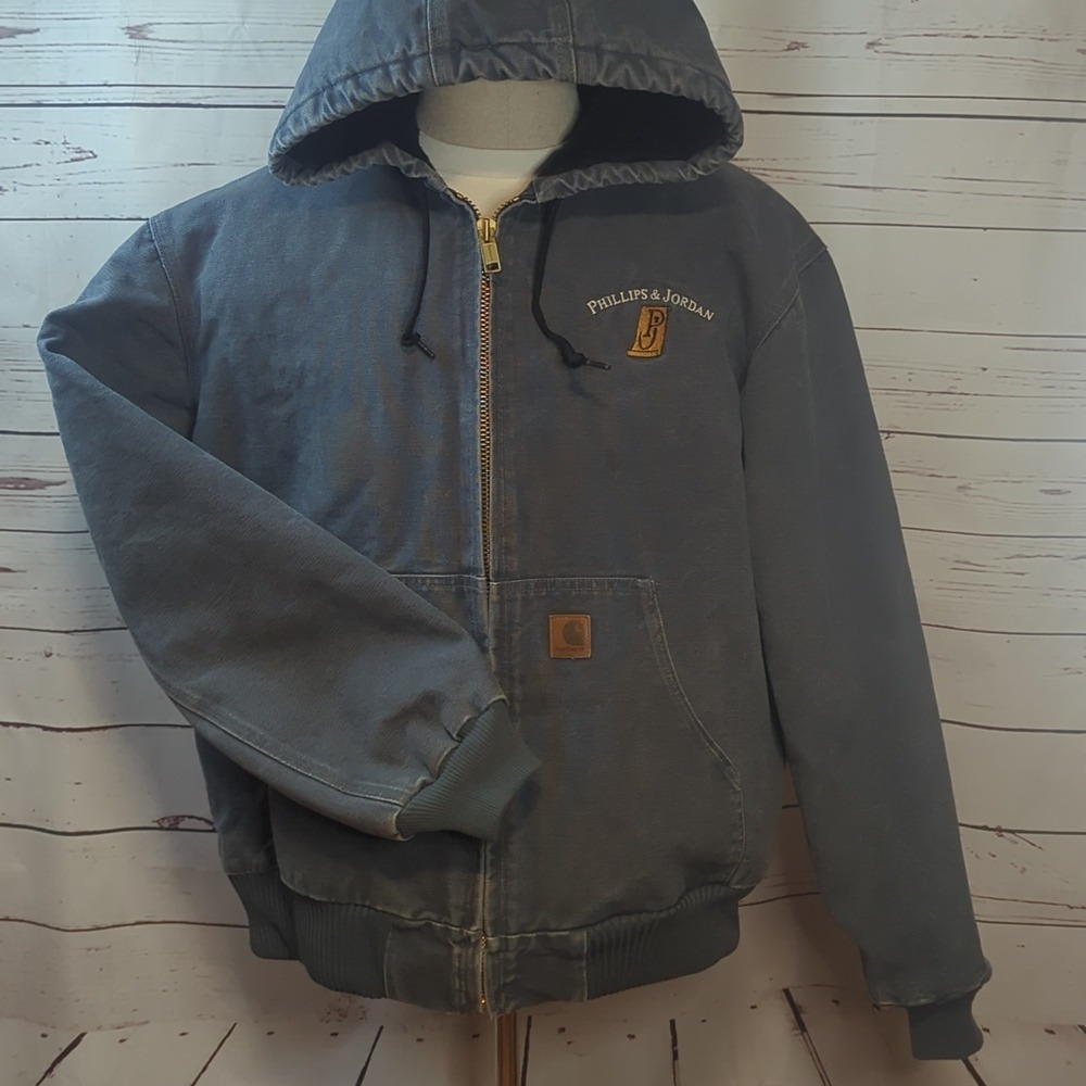 Vintage Y2K STM Storm Blue‎ Gray J130 Carhartt XL Hooded Quilted Work Wear RARE